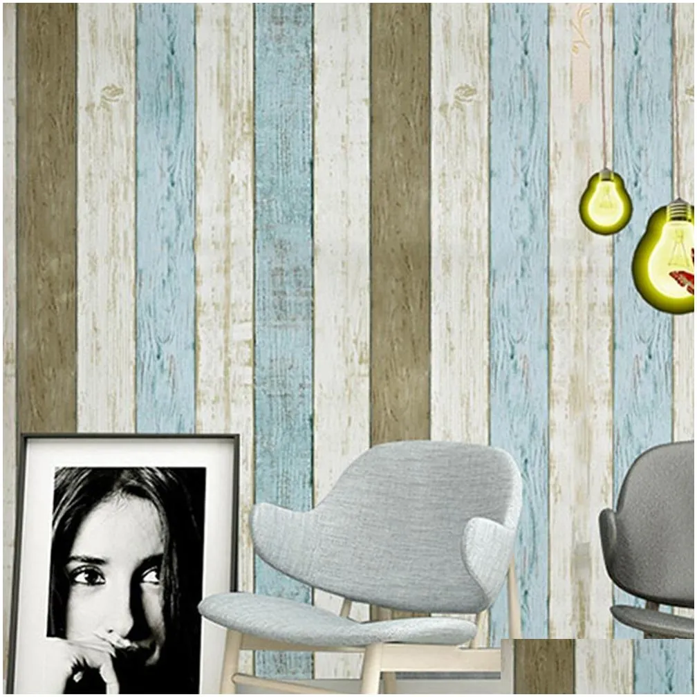 yazi beautiful rustic self adhesive stripe faux wood light blue wallpaper roll living room bedroom wall paper for baby