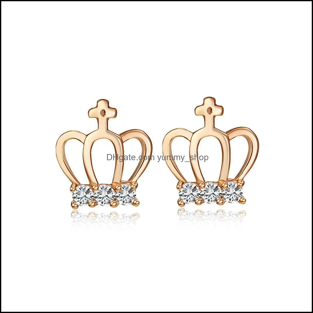 crystal stud earrings for women tiny cute simple crown earring lady fashion jewelry