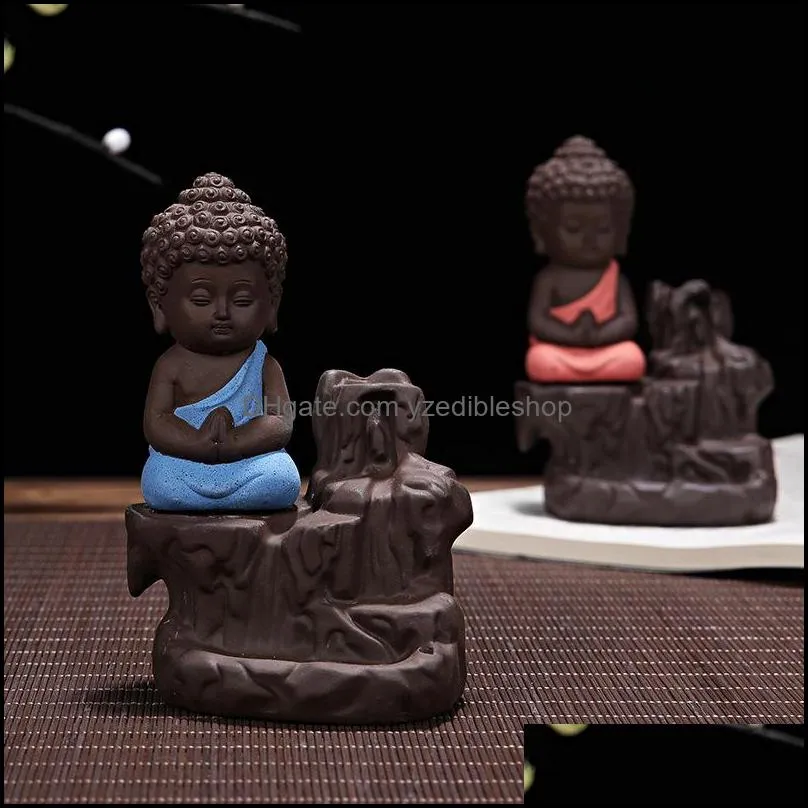 5pcs incense add little monk censer ceramic yixing backflow stick incense burner buddha purple clay pottery base teapet home decor