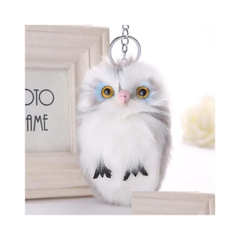 15cm cute fluffy owl keychain pendant women girls key ring faux bunny rabbit fur pompoms key chains for handbag