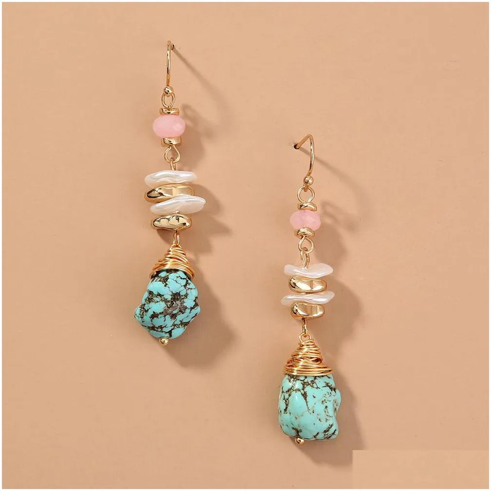 dangle chandelier bohemia long ethnic blue turquoises stone drop earrings for women boho jewelry gold earrings pink bead jewelry