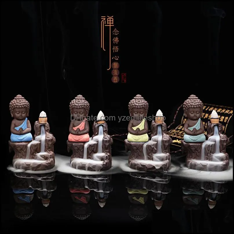 5pcs incense add little monk censer ceramic yixing backflow stick incense burner buddha purple clay pottery base teapet home decor