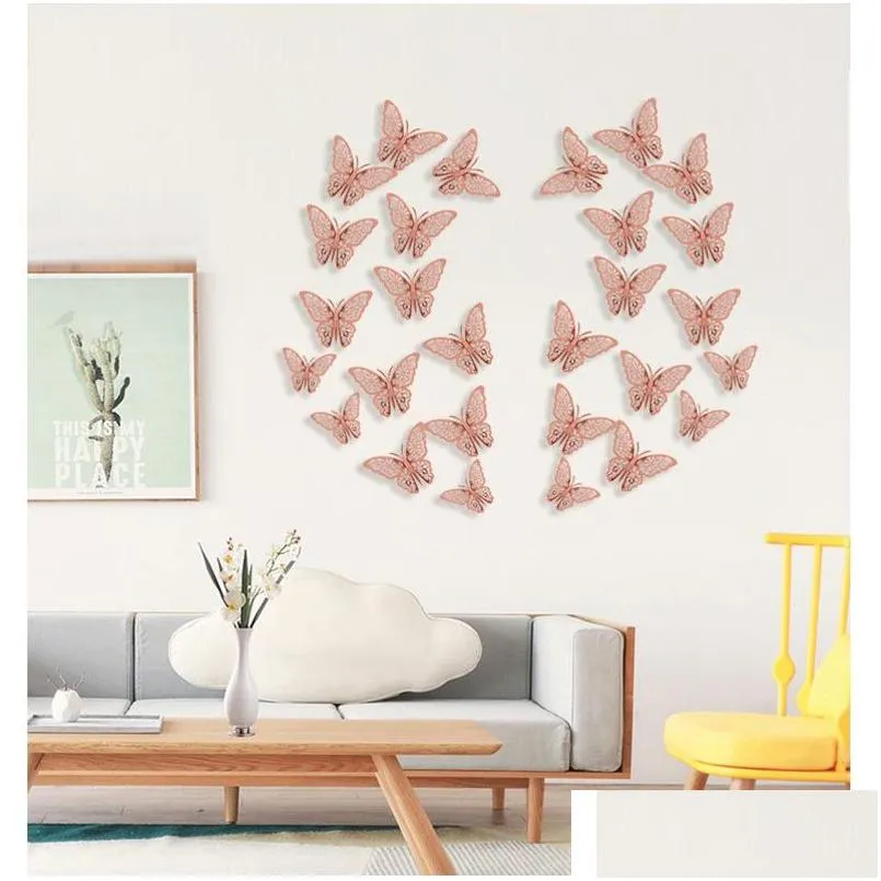 12pcs/set rose gold 3d hollow butterfly wall sticker for home decor butterflies stickers room decoration party wedding decors wll993