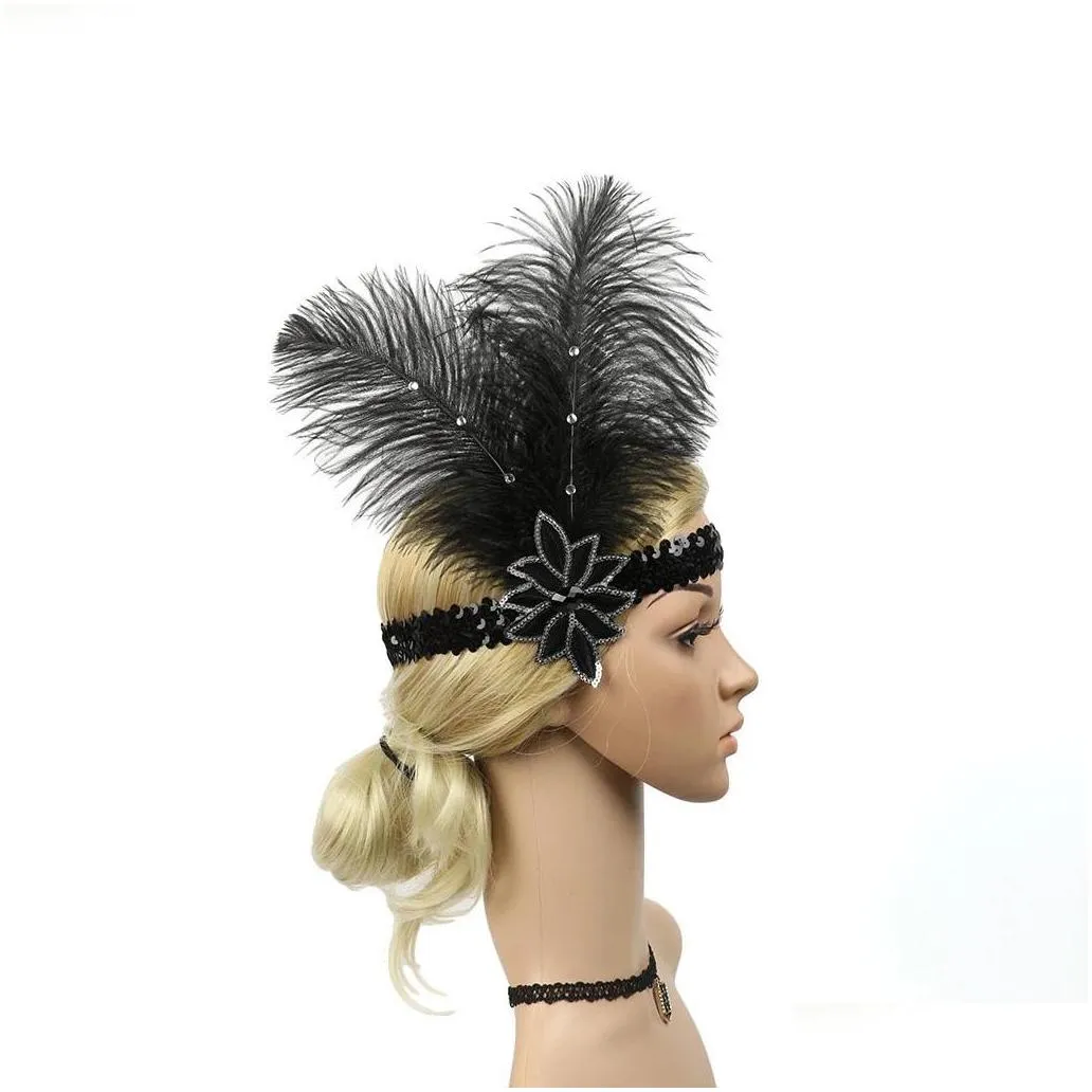 womens elegant headbands vintage sequins party headpiece fashion beaded flapper feather hair headband wedding bridal accessory