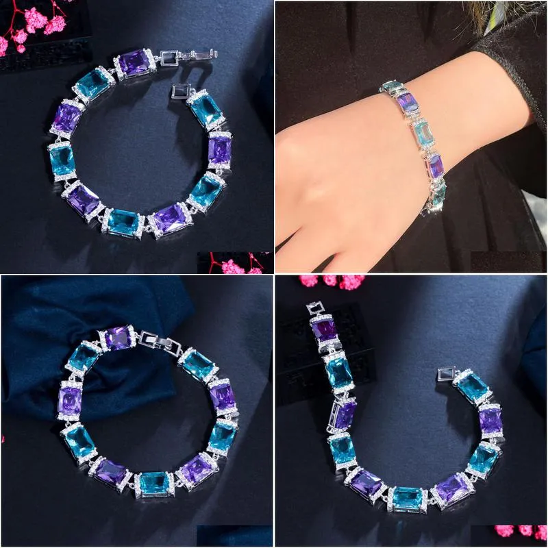 charm bracelets cwwzircons rectangle purple blue cubic zirconia crystal big luxury bracelets for women white gold plated party jewelry cb283