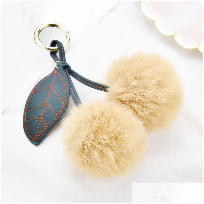 fashion new cute fluffy artificial rabbit fur ball pompom leaf sweet keychain cherry car key ring handbag pendant women gifts