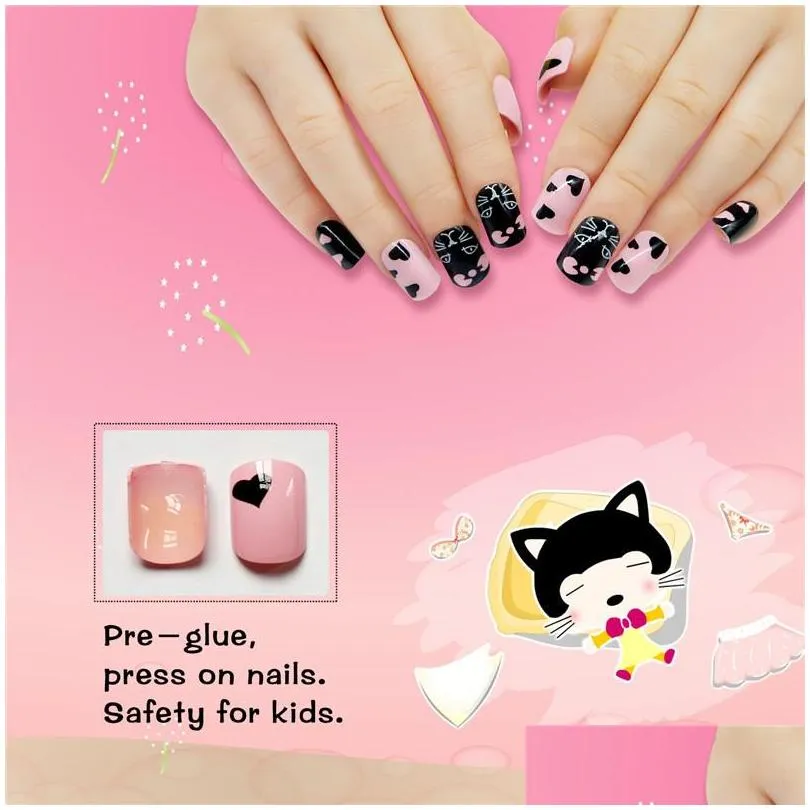 press on kids false nails with designs 72 pcs cat sweet full cover fake nail tips artificial abs