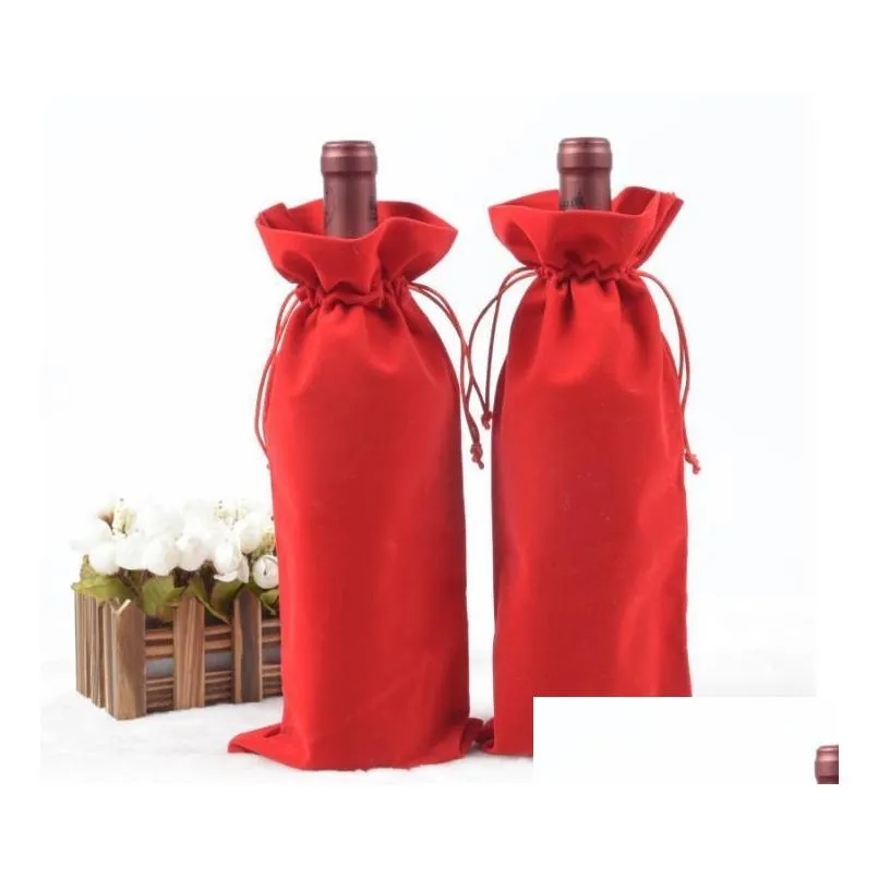 gift wrap 100pcs/lot velvet wine bottle covers bags drawstring flannel champagne wedding party packaging pouch