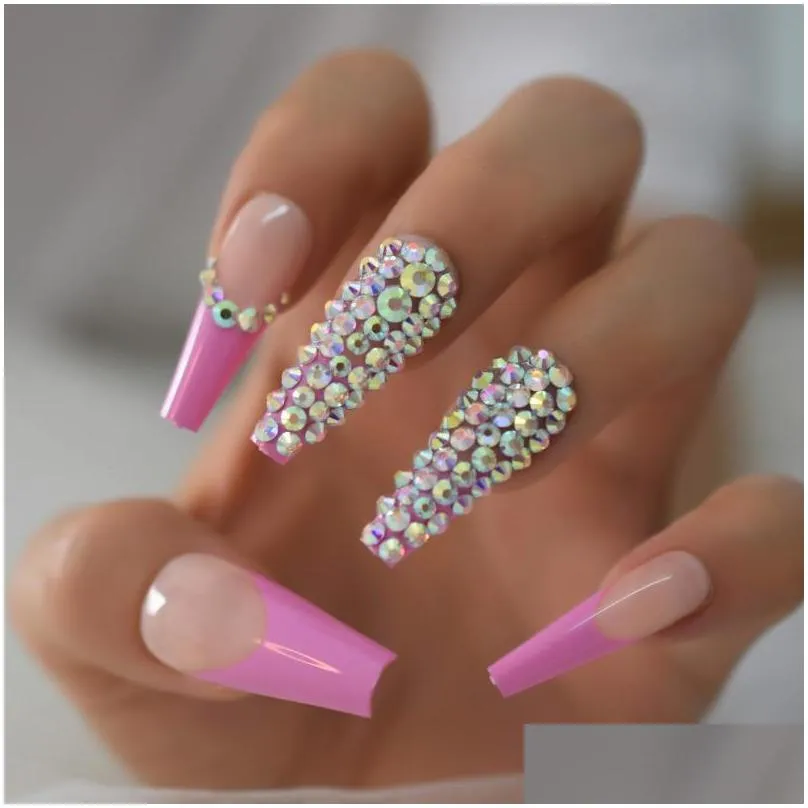 false nails rhinestones nail press ons extra long coffin 3d designed fake jewel luxury rosy nude royalty tips