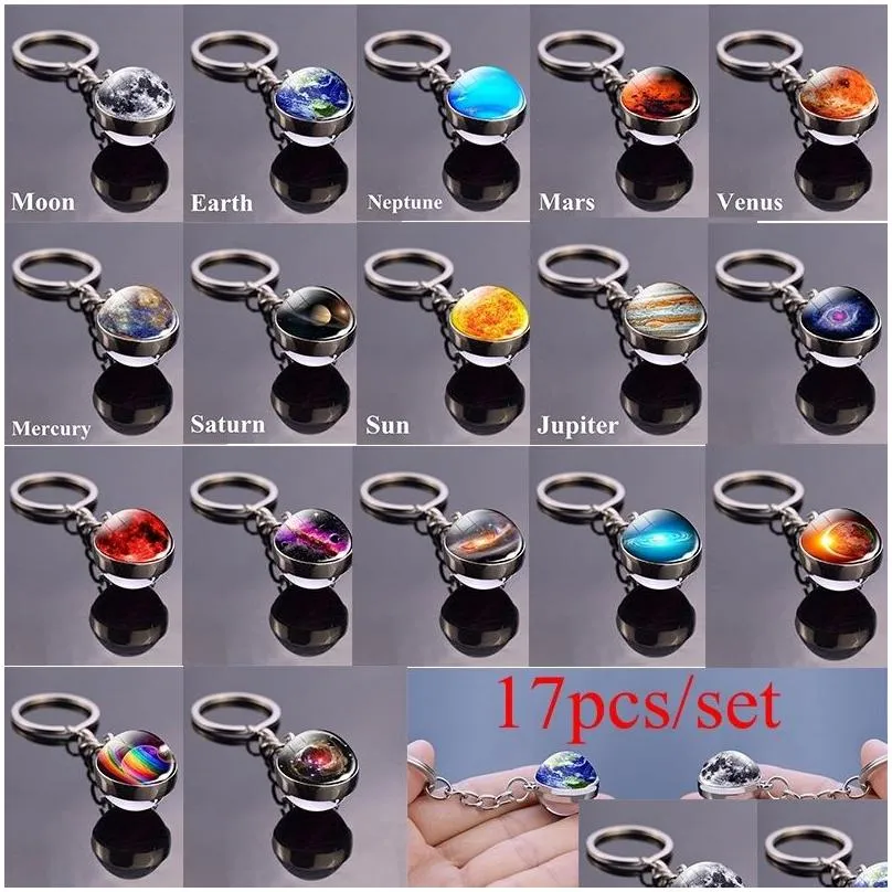 keychains lanyards 17pcsset solar system set planet keyring galaxy nebula star keychain moon earth picture double side glass ball key chain