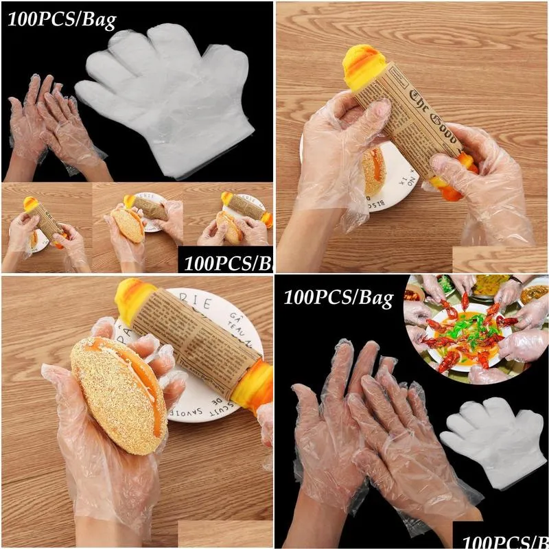 100pcs/set plastic clear disposable gloves polythene avoid direct touch catering hairdressers butchers vegetable