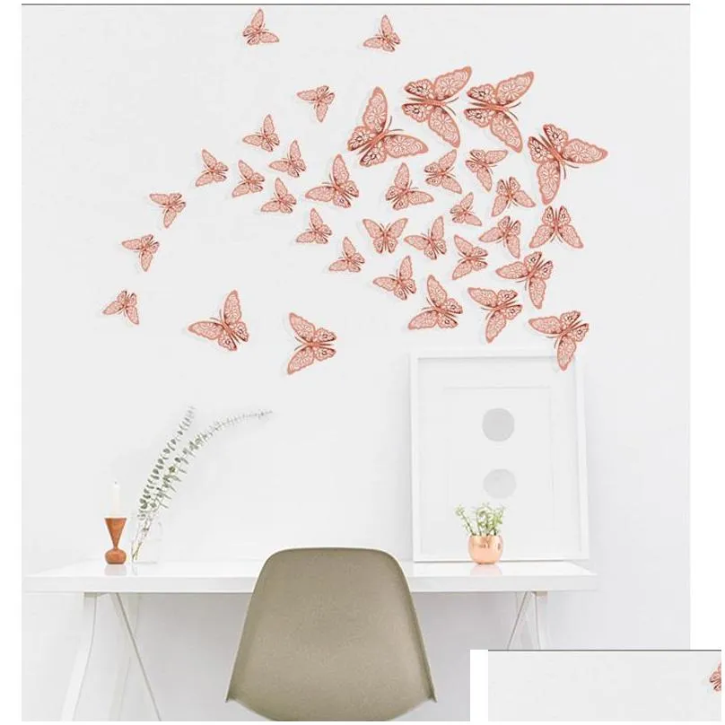 12pcs/set rose gold 3d hollow butterfly wall sticker for home decor butterflies stickers room decoration party wedding decors wll993