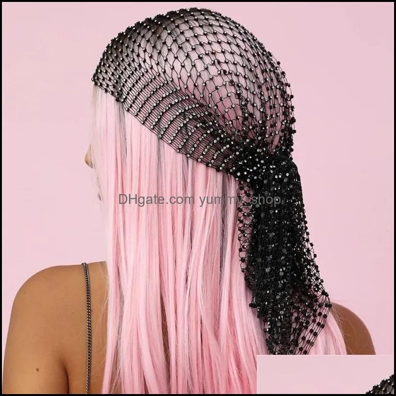  fashion women bling rhinestone head scarf turban hat headband crystal mesh cap hair snood nets headpiece headwear accessorie 768
