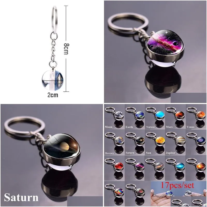 keychains lanyards 17pcsset solar system set planet keyring galaxy nebula star keychain moon earth picture double side glass ball key chain