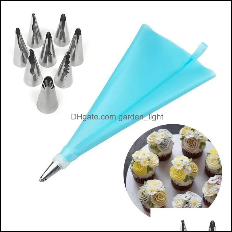 baking pastry tools cake 10 pcs/set kitchen accessories cream bag add 8 stainless steel nozzle set silicone diy decorating