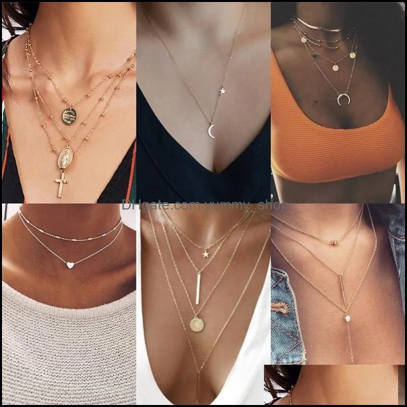 vintage multilayer crystal pendant necklace women gold color beads moon star horn crescent choker necklaces jewelry 828 q2