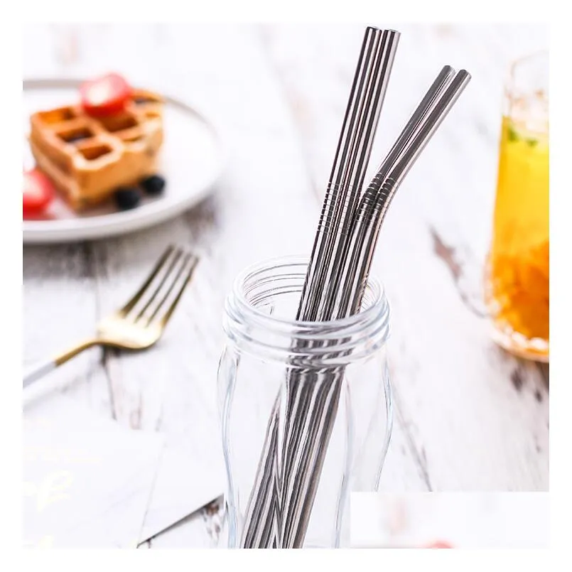 stainless steel metal straw reusable drinking bent and straight type straws and cleaner brush for home party bar accessories lxl11801