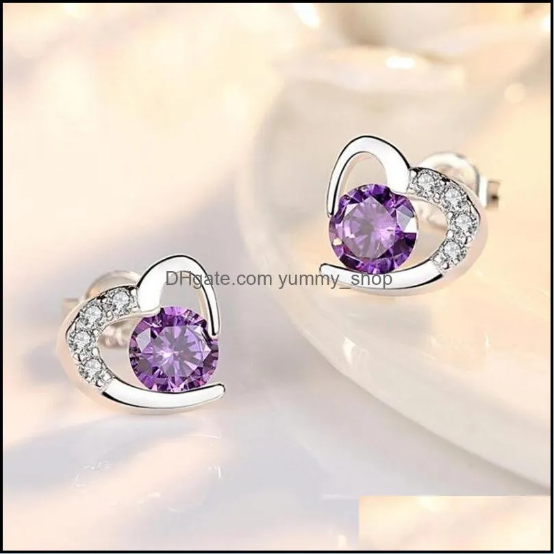 925 sterling silver stud earrings high quality woman fashion jewelry heartshaped amethyst zircon earring