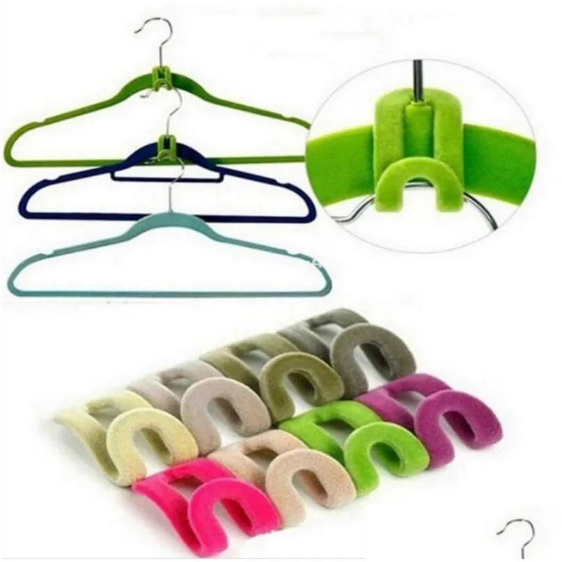 10pcs/lot cloth hanger hook mini flocking clothes hanger easy hook closet organizer holder random color home