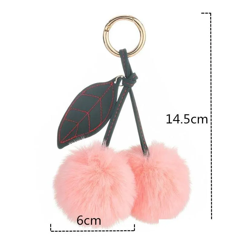 fashion new cute fluffy artificial rabbit fur ball pompom leaf sweet keychain cherry car key ring handbag pendant women gifts