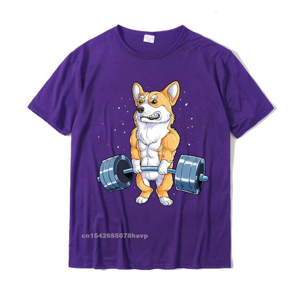 2021 Popular Printed Summer T Shirt O-Neck 100% Cotton Men Tops Shirts Short Sleeve Summer/Fall Summer T Shirt Corgi Weightlifting Funny Deadlift Men Fitness Gym Workout Premium T-Shirt__2232. purple