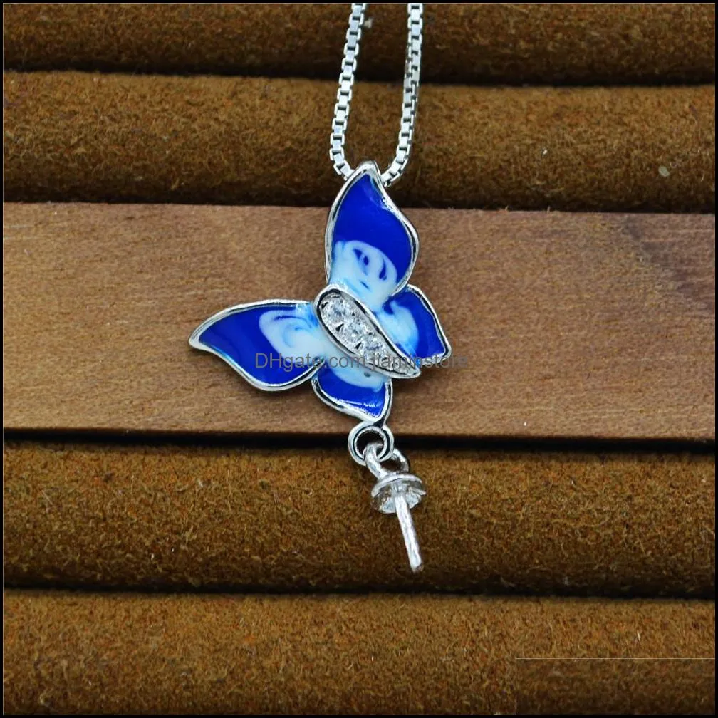 s925 fine silver pendant fittings pearl necklace drop empty support necklace pendant silver bracket diy enamel butterfly