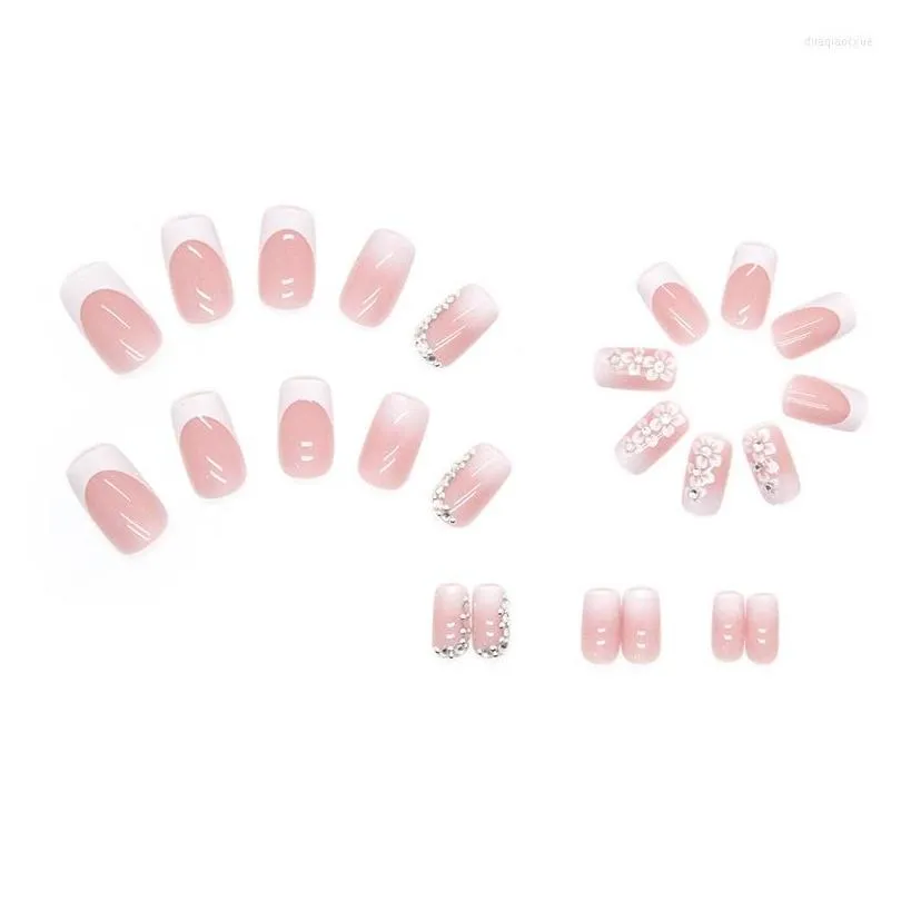 false nails 24pcs/box flower fake press on short square head french tips nail set with 24pcs glue sticker art