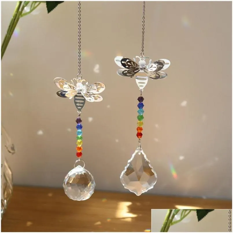 garden decorations metal bee crystal suncatcher pendant colorful beads hanging drop for outdoor indoor window wedding chandelier diy