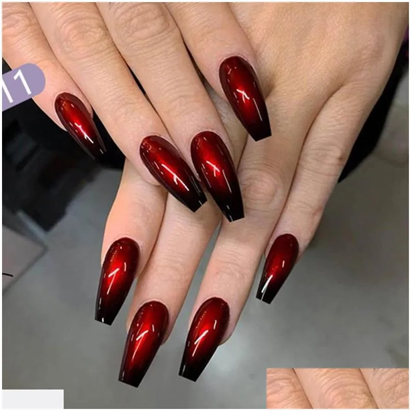 false nails 24pcs/set long coffin fashion finished red black gradient fake beauty nail decal ballerina full art tips