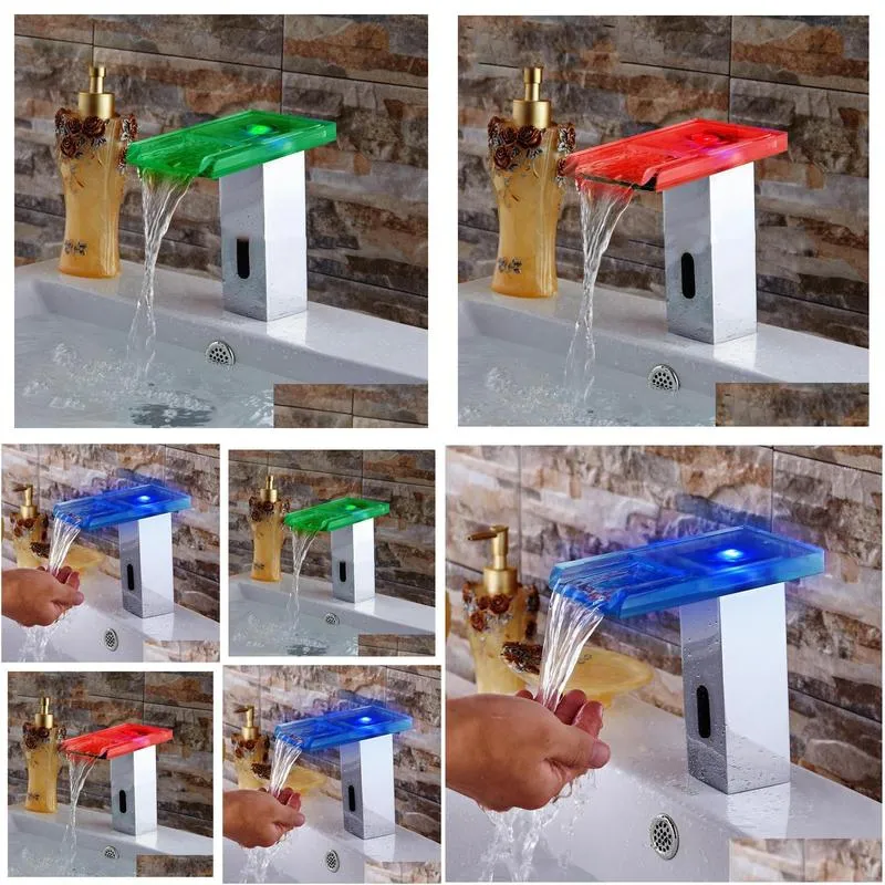 bathroom sink faucets 2021 copper basin led color sense square glass waterfall smart hydropower temperature sensitive