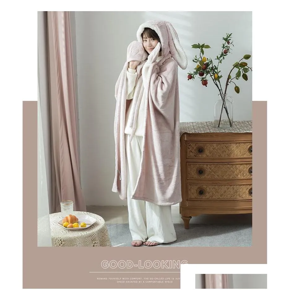 blankets wearable cloak flannel blanket with hooded cute ear tv cape for adult child winter sofa