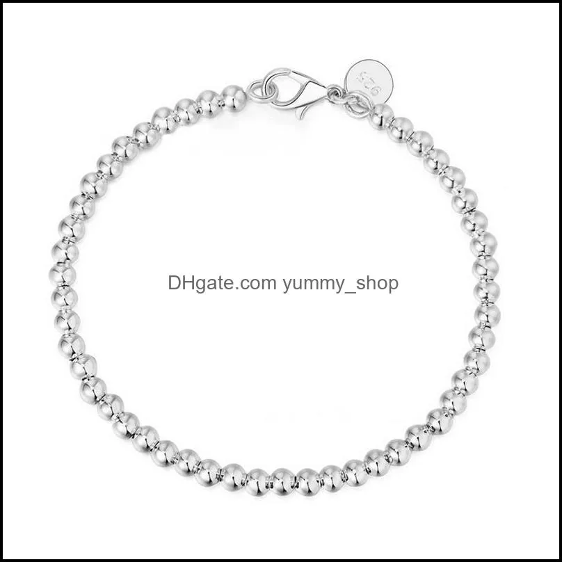100 925 solid real sterling silver fashion 4mm beads chain bracelet for women 20cm for teen girls lady gift women fine jewelry 1557