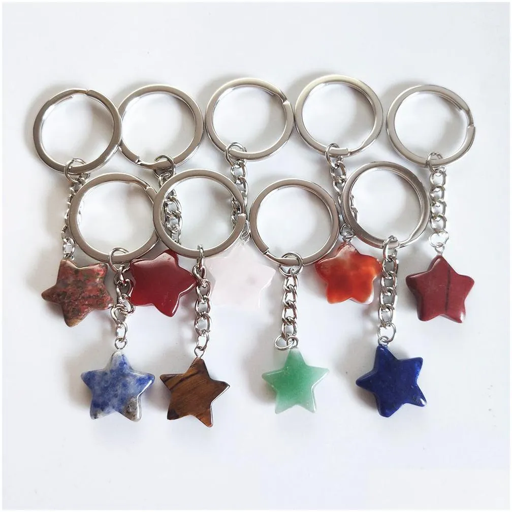 keychains lanyards 20pcs natural raw stone fluorite amethyst hexagonal prism heart star key rings keychains car decor key chain keyholder