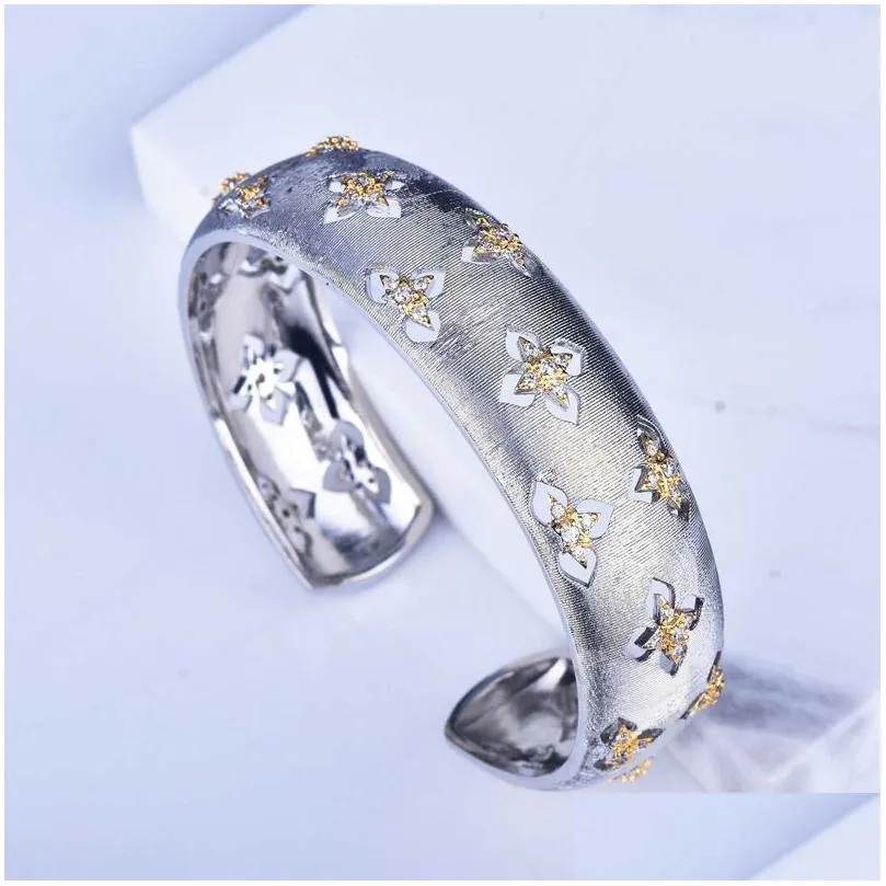 bangle vintage open bracelet hollow flower exaggeration luxury two color jewelry wire drawing matte accessories for women wedding party