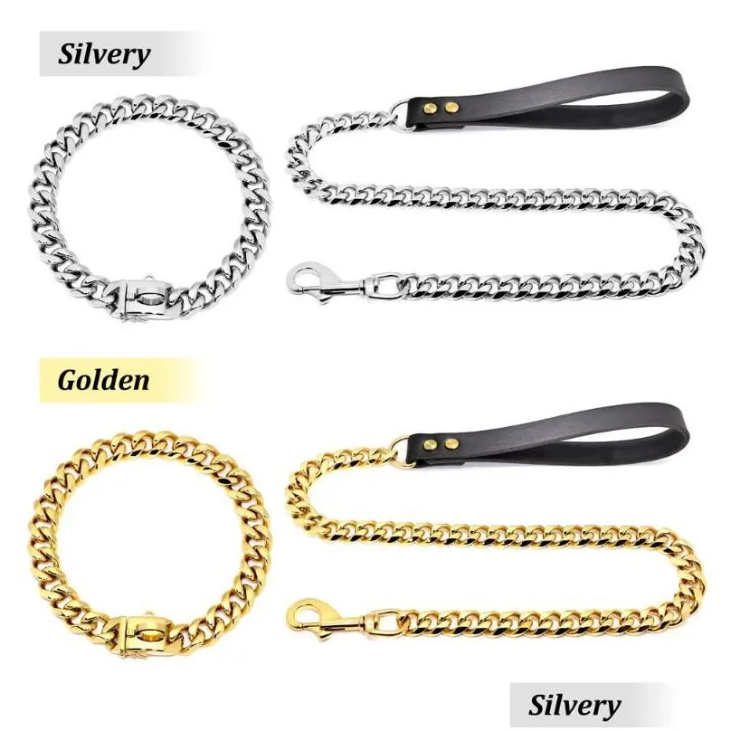 dog collars leashes 304 stainless steel chain collar and leash super strong metal choke silver gold pet lead rope for party show