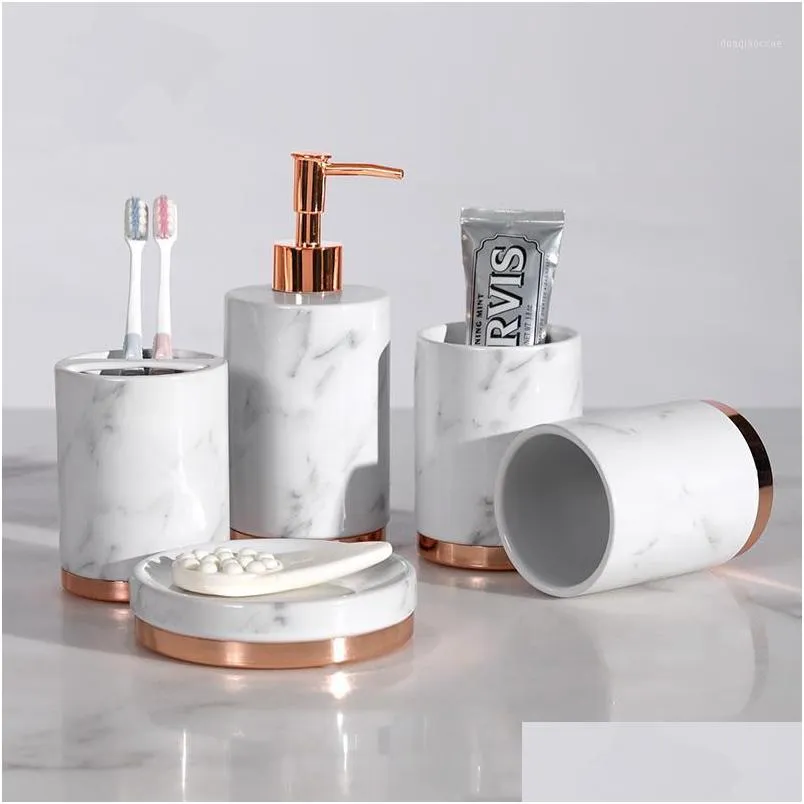 bath accessory set bathroom accessories ceramic metal base soap dispensers toothbrush holder gargle cups dish with tray wedding gifts1