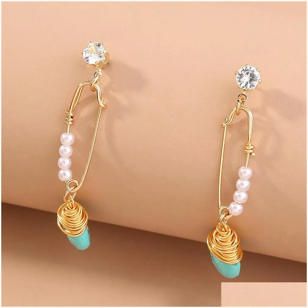 dangle chandelier natural stone irregular drop earrings imitation pearls gold wire wrap asymmetric pendant earring for women gift