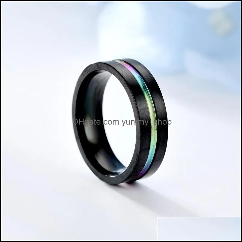 stainless steel rainbow ring band finger black groove rings fashion jewelry for women men