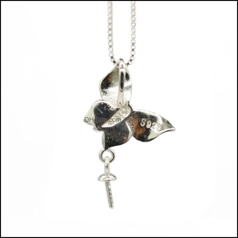 s925 fine silver pendant fittings pearl necklace drop empty support necklace pendant silver bracket diy enamel butterfly