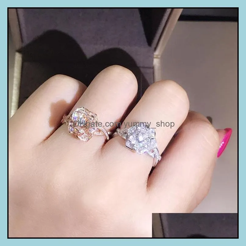 crystal rose flower luxury band rings for women wedding bridal jewelry accessories