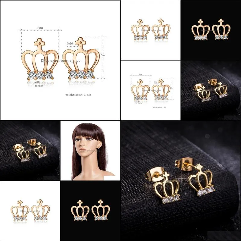 crystal stud earrings for women tiny cute simple crown earring lady fashion jewelry