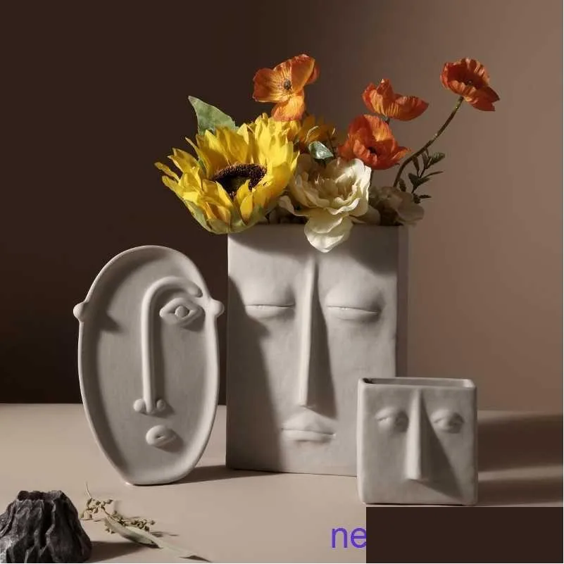 factory outlet nordic ins creative ceramic plain embryo vase simulation flower decoration art face living room home soft