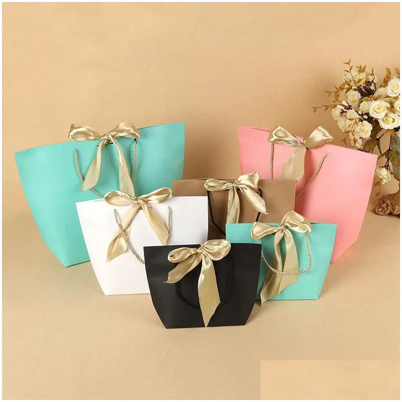 10pcs present box wedding gift bags large size box pack bag pajamas clothes packaging gold handle paper bags with ribbon