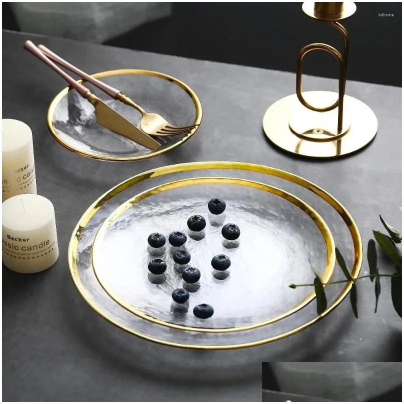 plates clear glass gold stroke tableware  plate transparent dinner cake dessert bowl set table wholesale bulk