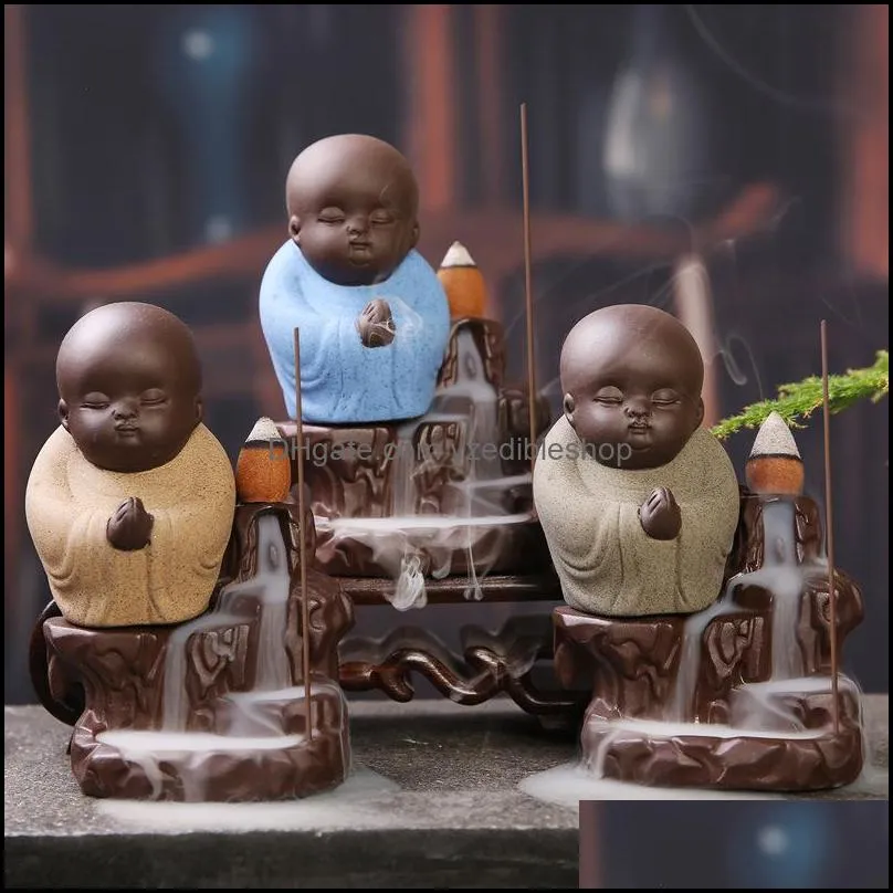 5pcs incense add little monk censer ceramic yixing backflow stick incense burner buddha purple clay pottery base teapet home decor