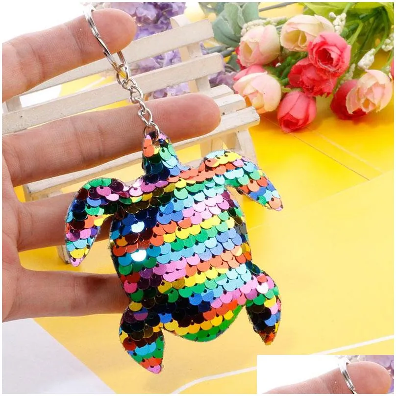 creativity bling sequin keychain pendant crafts colorful shiny tortoise car key chain ring ladies bag pendants jewelry accessories