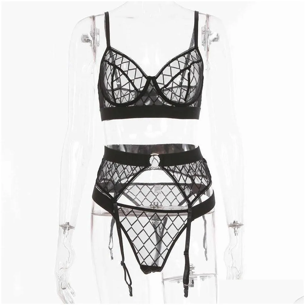 3piece plaid lace bra set womenwork mesh lingerie set ladies black sexy underwear set with underwire