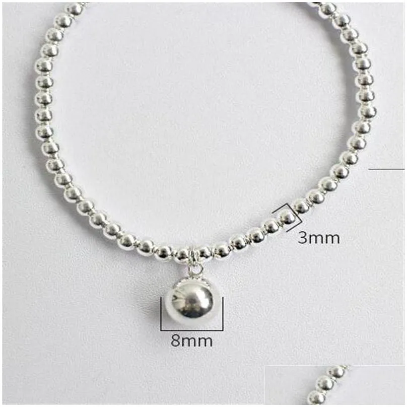 new chic 925 sterling silver 3mm round beads chain strand bracelets women 8mm beads charms elastic bracelet wedding gifts