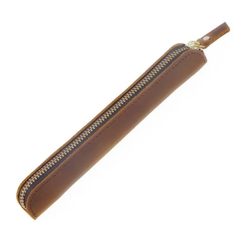 handmade leather pencil bag vintage retro zipper fountain pen brush pouch case