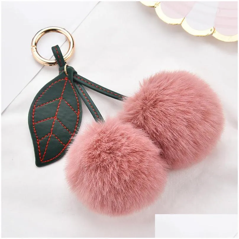 fashion new cute fluffy artificial rabbit fur ball pompom leaf sweet keychain cherry car key ring handbag pendant women gifts